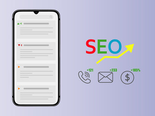 Seo concept. Browser with popular searches on screen of smartphone. Search engine optimization concept.