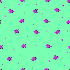 Cute little pink flowers on a green background.  Seamless pattern. Vector illustration.