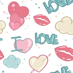 Pattern with hearts, lips and clouds. Vector seamless pattern on the theme of love. Cute repeating background for packaging and congratulations.