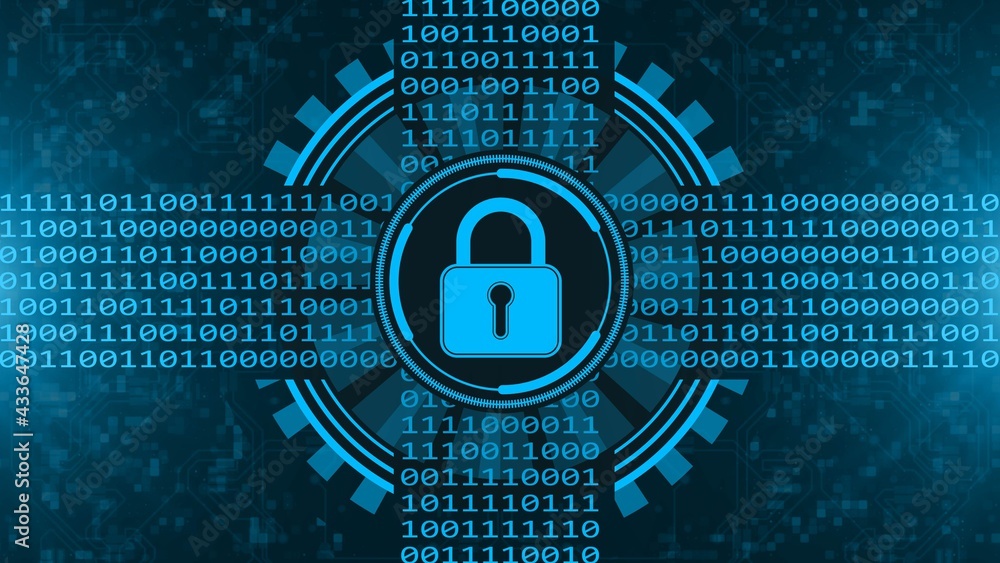Poster secure technology concept - padlock binary code hud - graphic elements in blue on blurred background