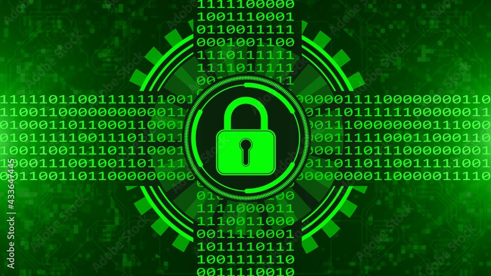 Poster secure technology concept - padlock binary code hud - graphic elements in green on blurred backgroun
