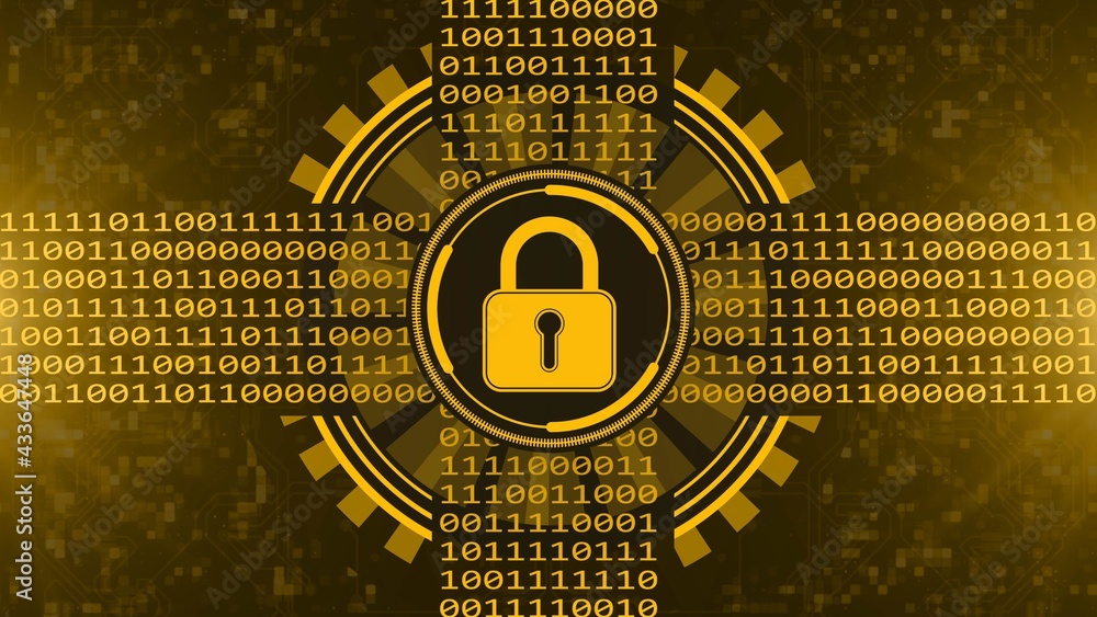 Poster secure technology concept - padlock binary code hud - graphic elements in orange on blurred backgrou