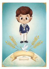 Illustration of a child making his first communion card - 433647413