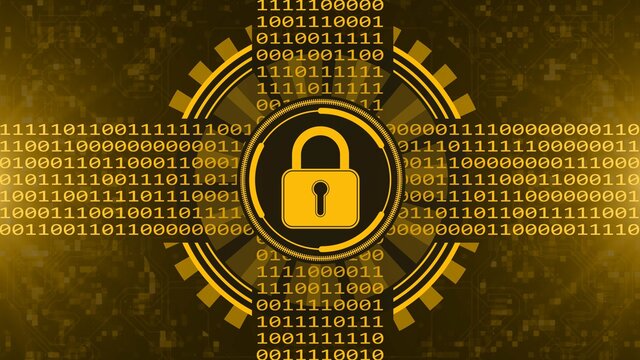 Secure technology concept - padlock binary code hud - graphic elements in orange on blurred background as circuit board - 3D Illustration