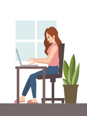 Working woman. Character sitting at desk in room, looking at laptop screen. Flat rector illustration.