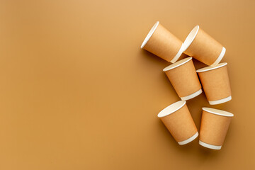 Paper take away coffee cups flat lay. Top view