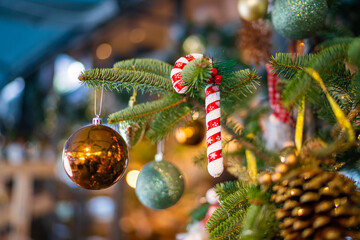 Closeup of Christmas tree decorations new year background