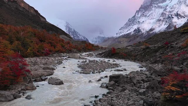 Amazing Cerro Torres and the stream from Laguna Torre, close to El Chalten, Argentina, Patagonia
