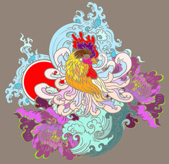 Thai chicken fight with peony flower tattoo.Traditional Thai tattoo and wave design.