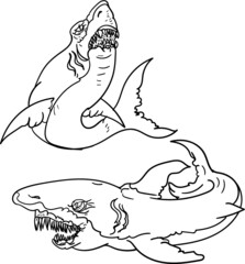 shark sticker and tattoo.Hand drawn scary shark.Killer in the sea.Japanese Shark tattoo with peony flower.Hand drawn Japanese vector wallpaper.Dangerage shark with ocean tattoo