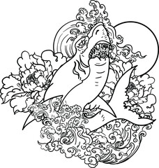 shark sticker and tattoo.Hand drawn scary shark.Killer in the sea.Japanese Shark tattoo with peony flower.Hand drawn Japanese vector wallpaper.Dangerage shark with ocean tattoo