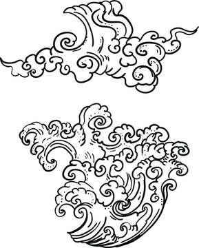 water splash and Japanese wave for tattoo.Japanese wave for tattoo.a set of hand drawn water tattoo.Thai style