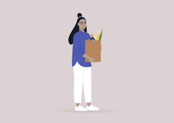 Grocery shopping, a young female Asian character holding a paper bag full of vegetables, fruits, and bread, healthy eating concept