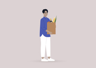Grocery shopping, a young male Asian character holding a paper bag full of vegetables, fruits, and bread, healthy eating concept