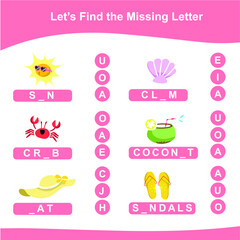 Summer game finds the missing letter game for Preschool Children.