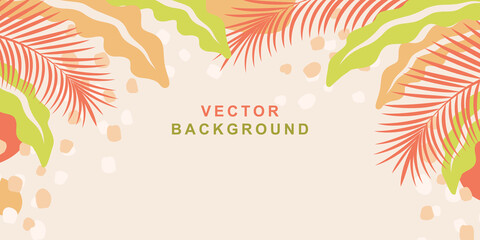 Fototapeta na wymiar Horizontal banner in simple trendy flat style.Background,frame with abstract coloured plants and leaves.Vector illustration for greeting card,poster,banner,cover,invitation,flyer,social media stories 