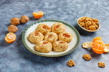 Delicious homemade walnut and jam cookies.