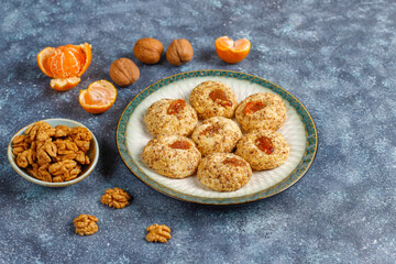 Delicious homemade walnut and jam cookies.
