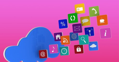 Cloud icon and multiple digital icons against pink background