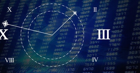 Roman clock against stock market data processing on blue background