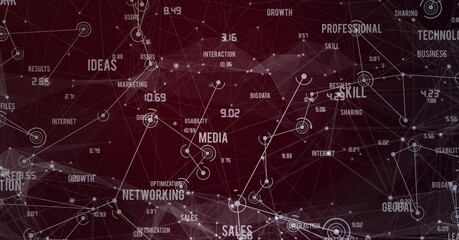 Business concept texts and network of connections against black background