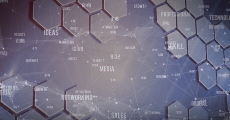 Business concept texts and network of connections against hexagonal shapes on grey background