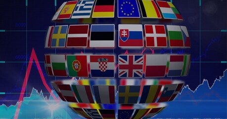 Globe made of different european countries flags against financial data processing
