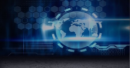 Digitally generated image of hexagonal shapes over globe against blue background