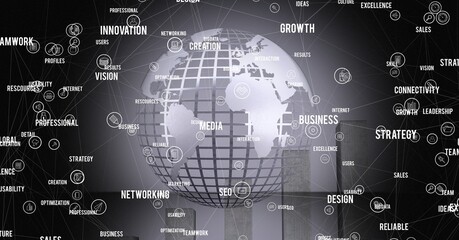 Network of connections and business concept texts over globe against grey background