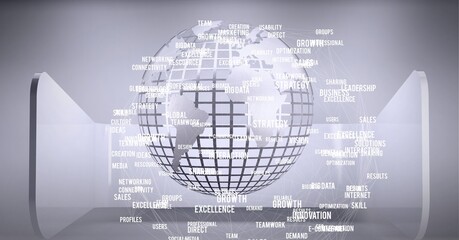 Fototapeta premium Business concept texts over globe against abstract shapes on grey background