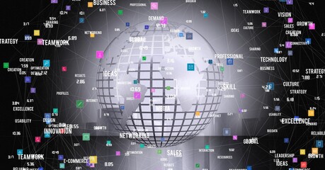 Network of digital icons and business concept texts over globe against grey background
