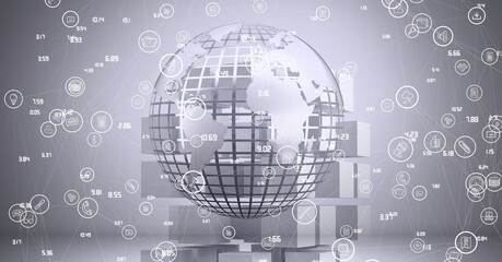 Obraz premium Network of connections and digital icons over globe against abstract 3d shapes on grey background