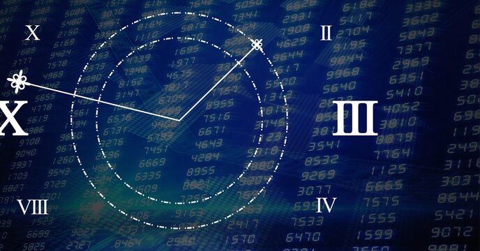 Roman clock against stock market data processing on blue background - Powered by Adobe