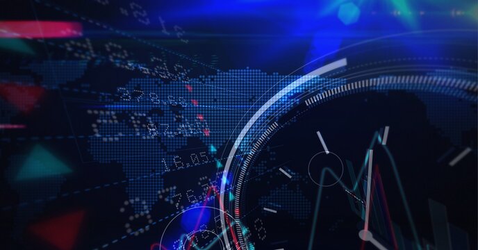 Round scanner and stock market data processing over world map on blue background