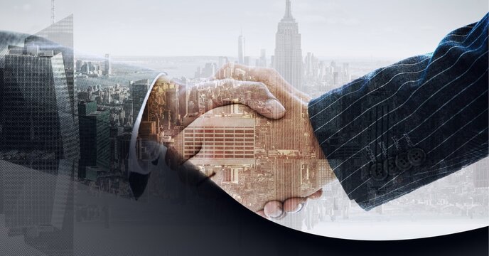 Black technology background over mid section of two businessmen shaking hands against cityscape