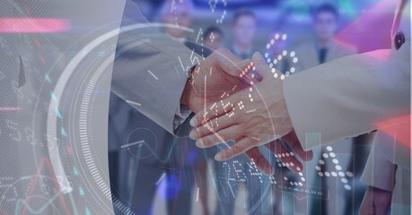 Composition of scope scanning and financial data processing over businessman handshake