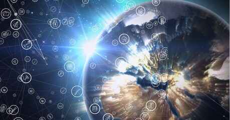 Composition of network of connections with icons over globe