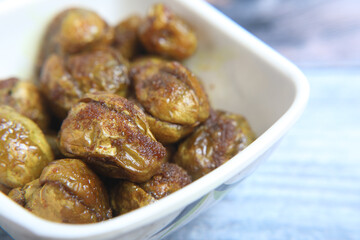 Fried spicy Brinjal or Eggplant Indian dish	