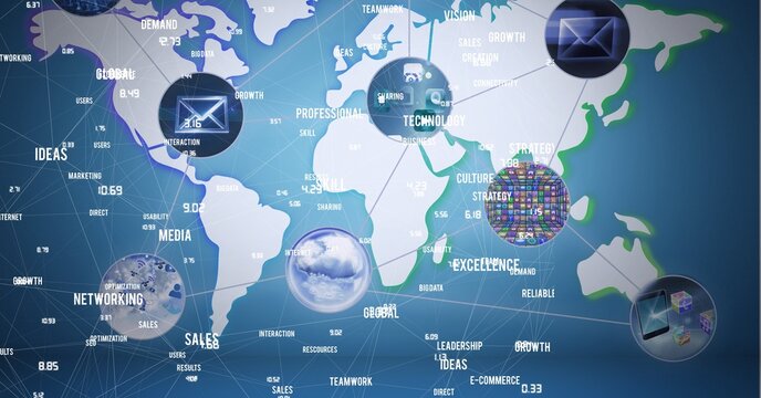Composition of network of connections with icons and text over world map
