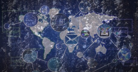 Composition of network of connections with icons over world map