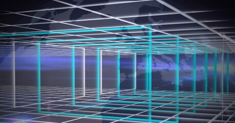 Composition of blue and white construction over world map in background