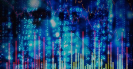 Composition of financial data processing on blue glowing background
