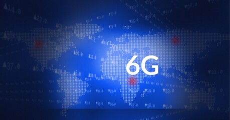 Composition of 6g text and data processing over world map on blue background