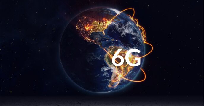 Composition of 6g text over globe with glowing connections on black background