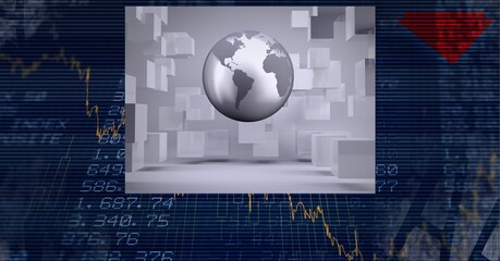 Composition of grey globe on screen aver financial data processing on blue background