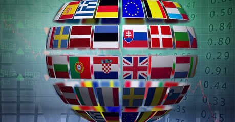Composition of globe with national flags over financial data processing on green background