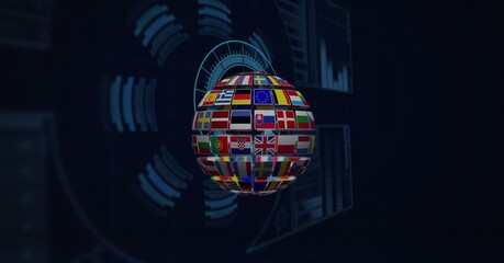 Composition of globe formed with national flags over data processing and scope scanning on black - Powered by Adobe
