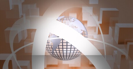 Composition of white connections over globe and 3d blocks on orange background