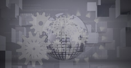 Composition of white cogs over globe and 3d blocks on grey background