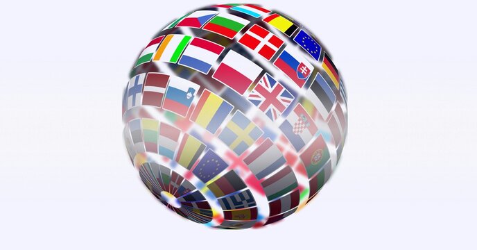 Composition of globe formed with national flags on white background